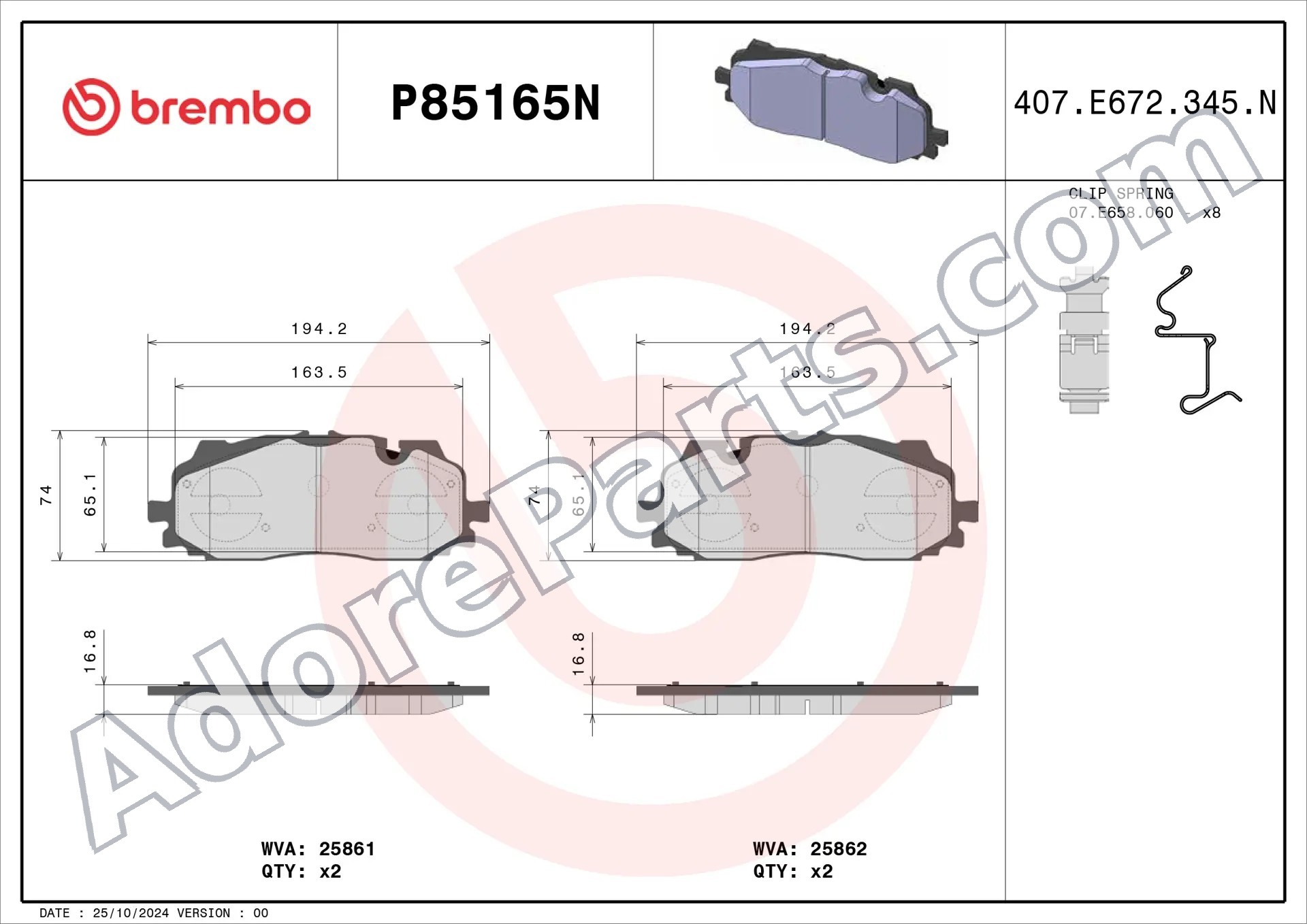 Brembo PRIME Ceramic Front Brake Pads P85165N — Audi 6-Pot Big Brake (A3-A8/Q5-Q8/S-SQ-RS/e-tron)
