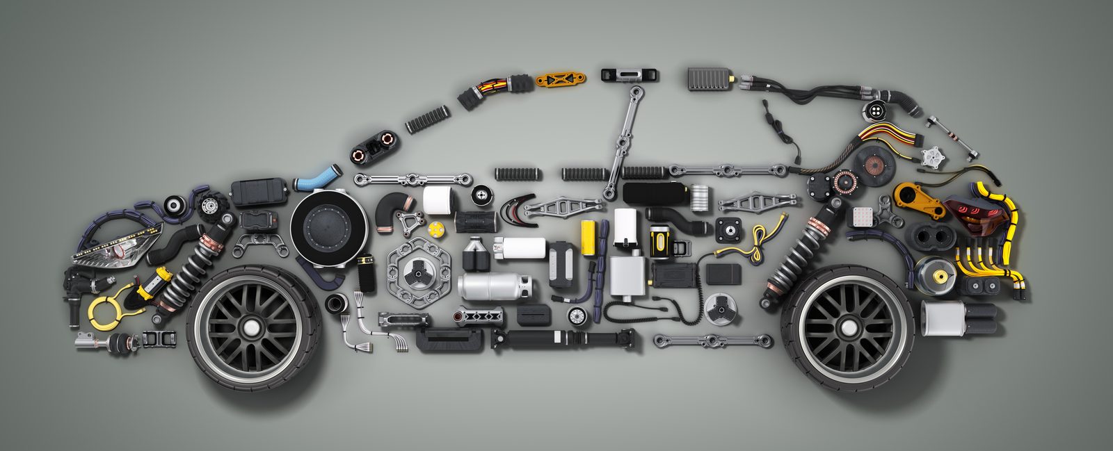 Auto parts arranged in car silhouette